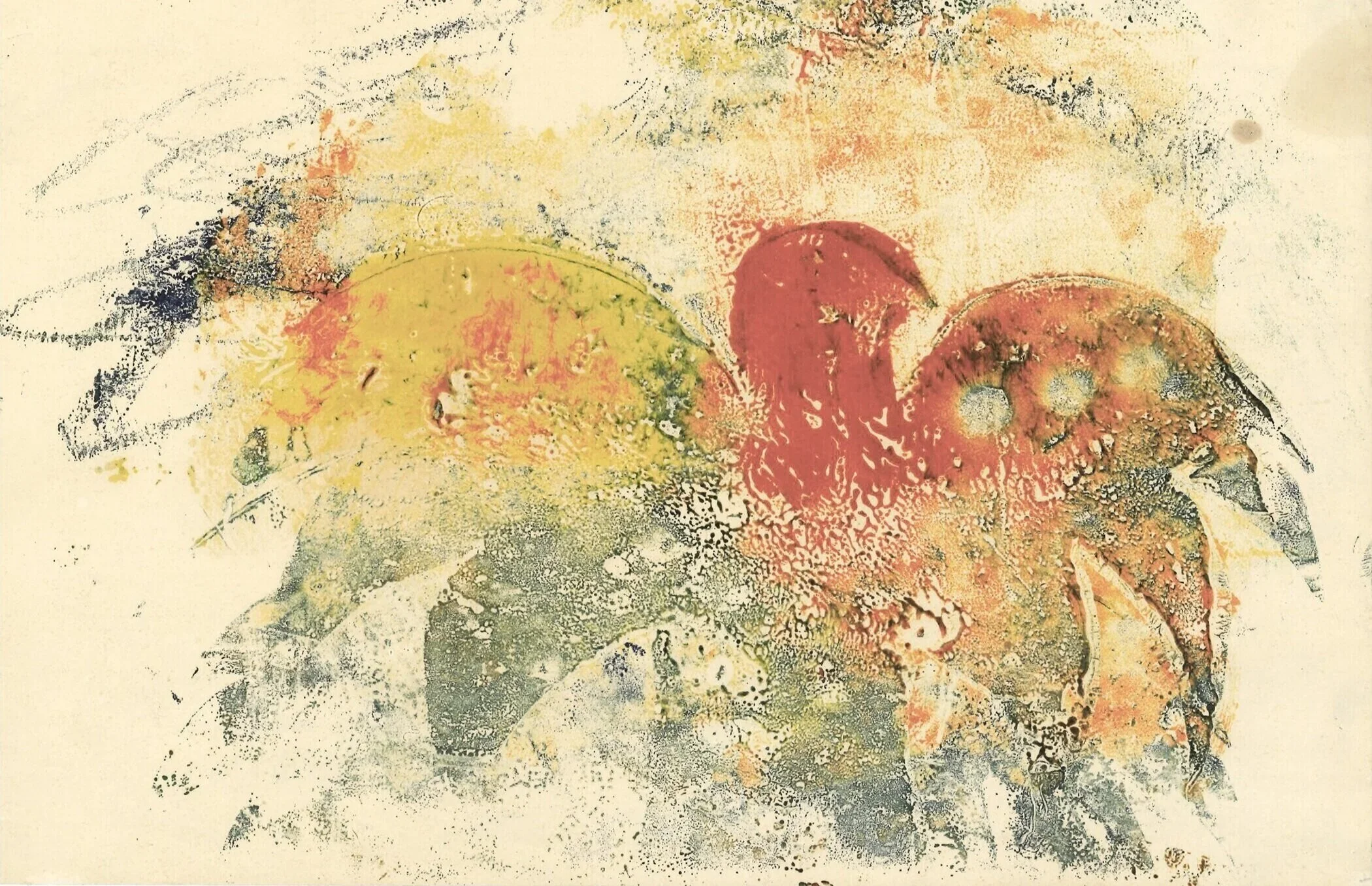 Abstract art featuring a phoenix in a mix of muted colors including yellow, orange, black, and gray, with textured and layered brush strokes.