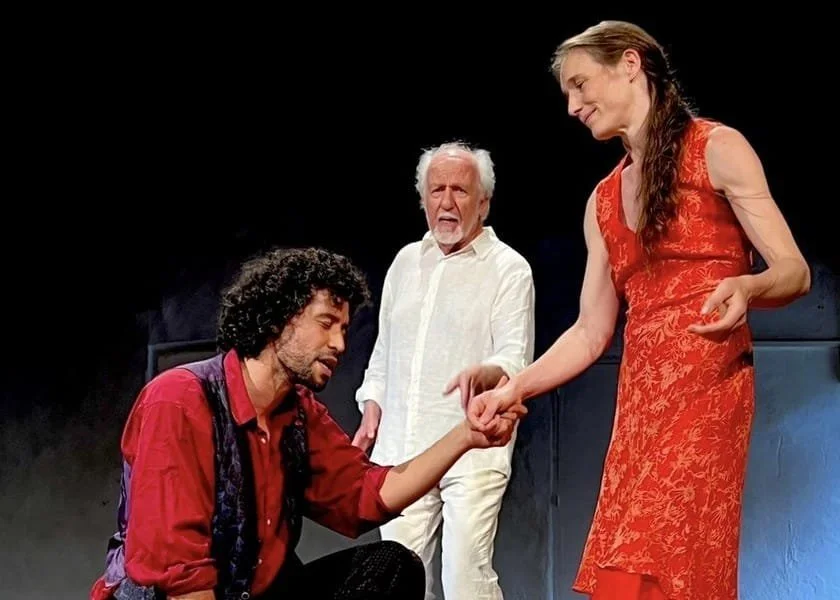 Mounir Kaci, Ivan Midderigh, and Rosa Cotten perform during Cathedrales at the 2024 Jubilee Celebrations of the arrival of the Roy Hart Theatre in Malérargues.