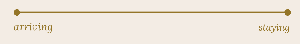 A horizontal line with the word 'arriving' on the left and 'staying' on the right, separated by a circle.