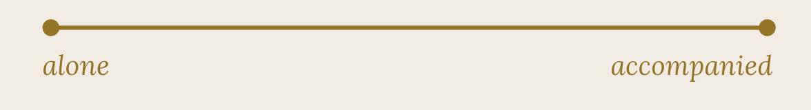 Text on a beige background that reads 'alone' on the left and 'accompanied' on the right, separated by a horizontal line with circles at each end.
