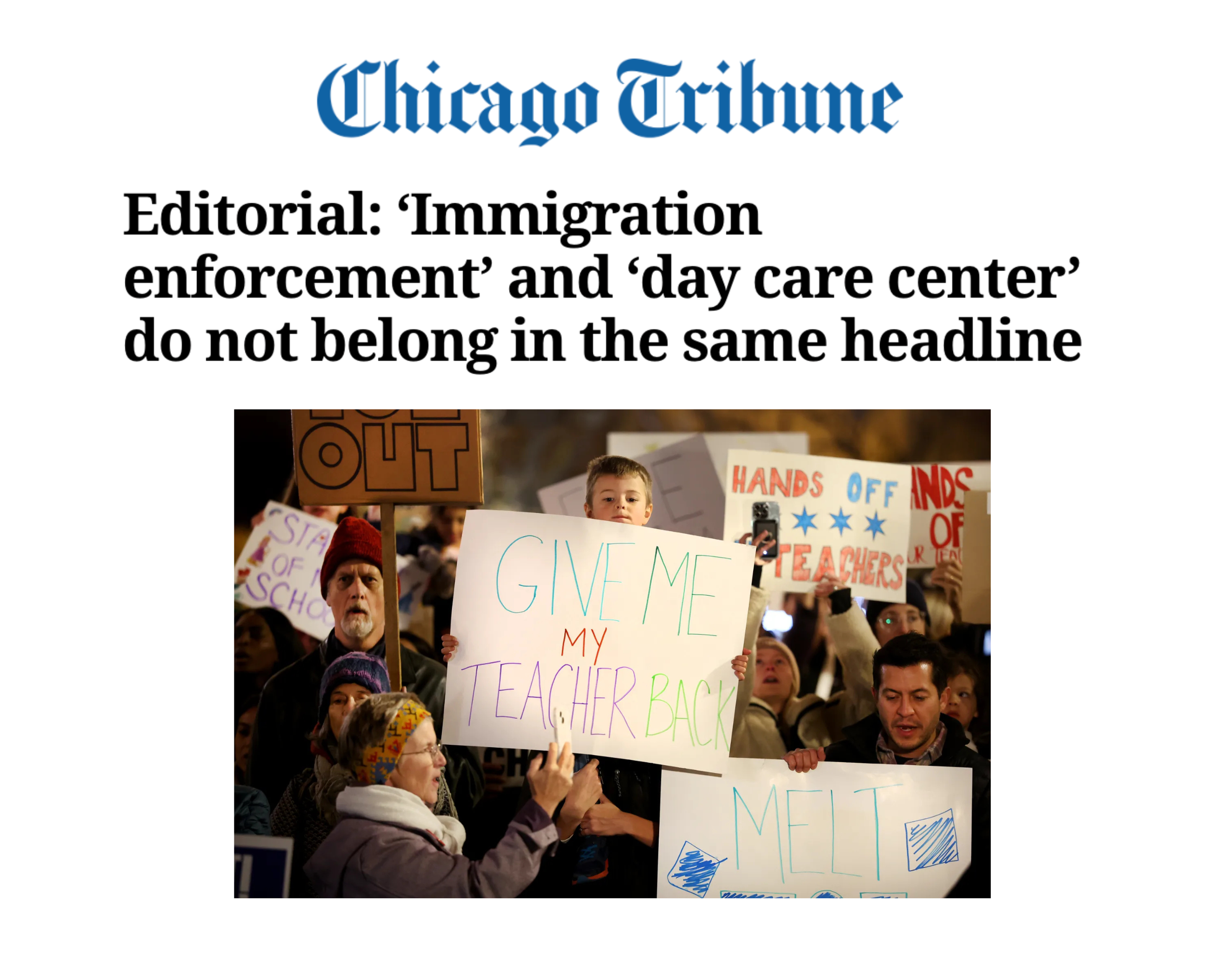 Protestors holding signs, including one that says "GIVE ME MY TEACHER BACK," during a demonstration related to education and immigration issues.