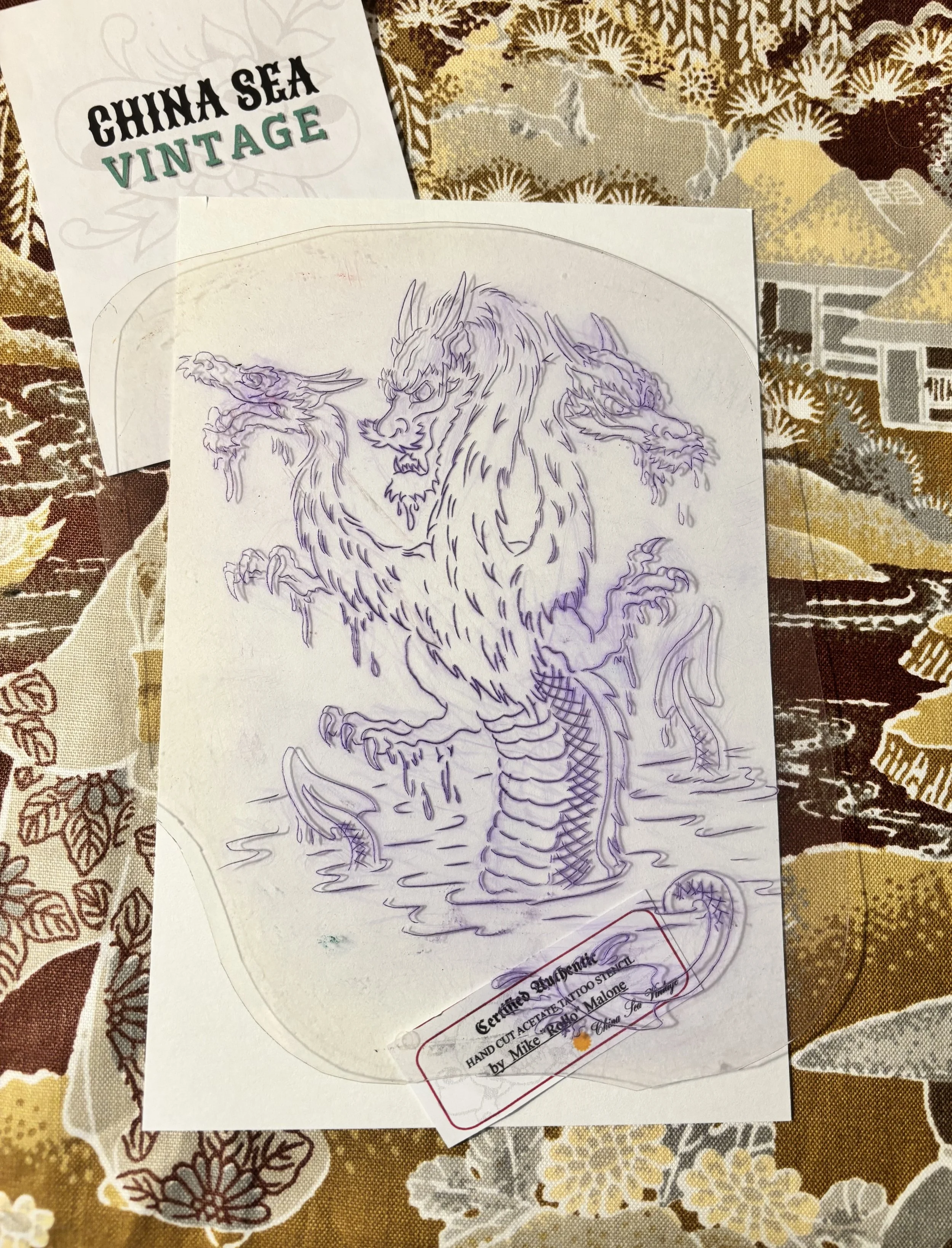 Vintage Mike Malone Tattoo Stencil : big Dragon Hydra