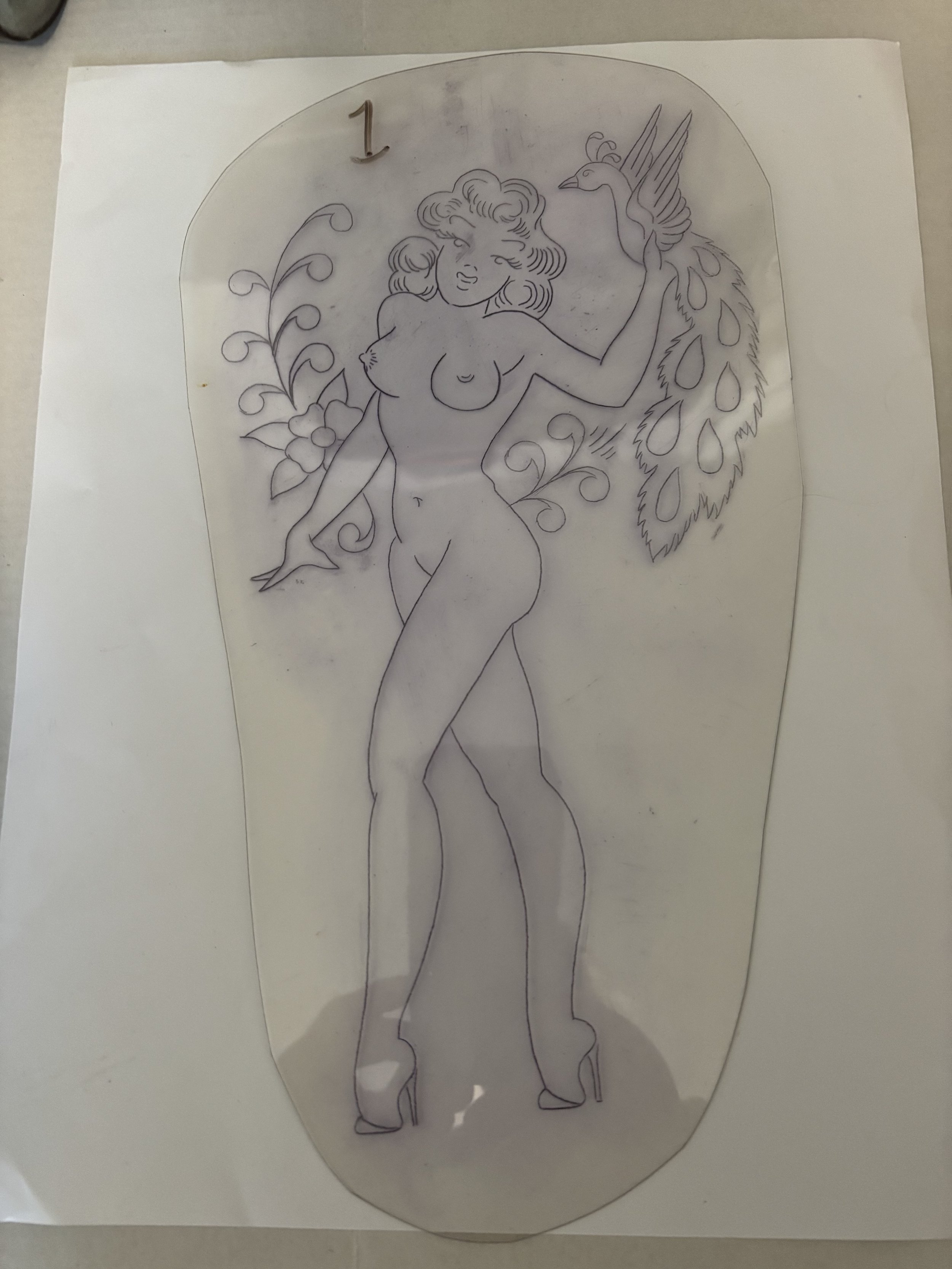 Vintage malone Acetate Tattoo Stencil: huge. Pinup SJ design Peacock