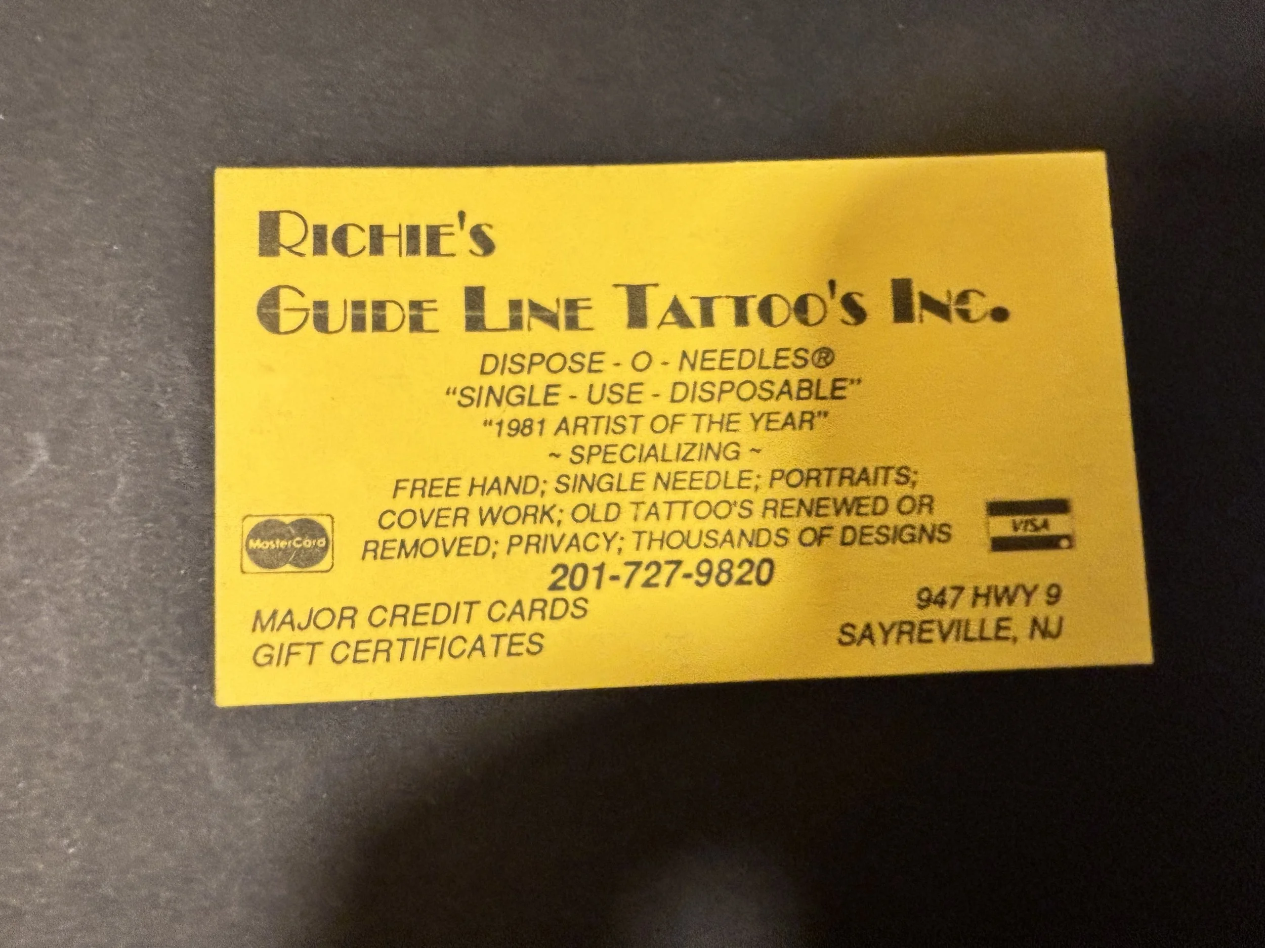 Ritchie's Guideline Tattoo Inc.  Business Card: 1981, New Jersey