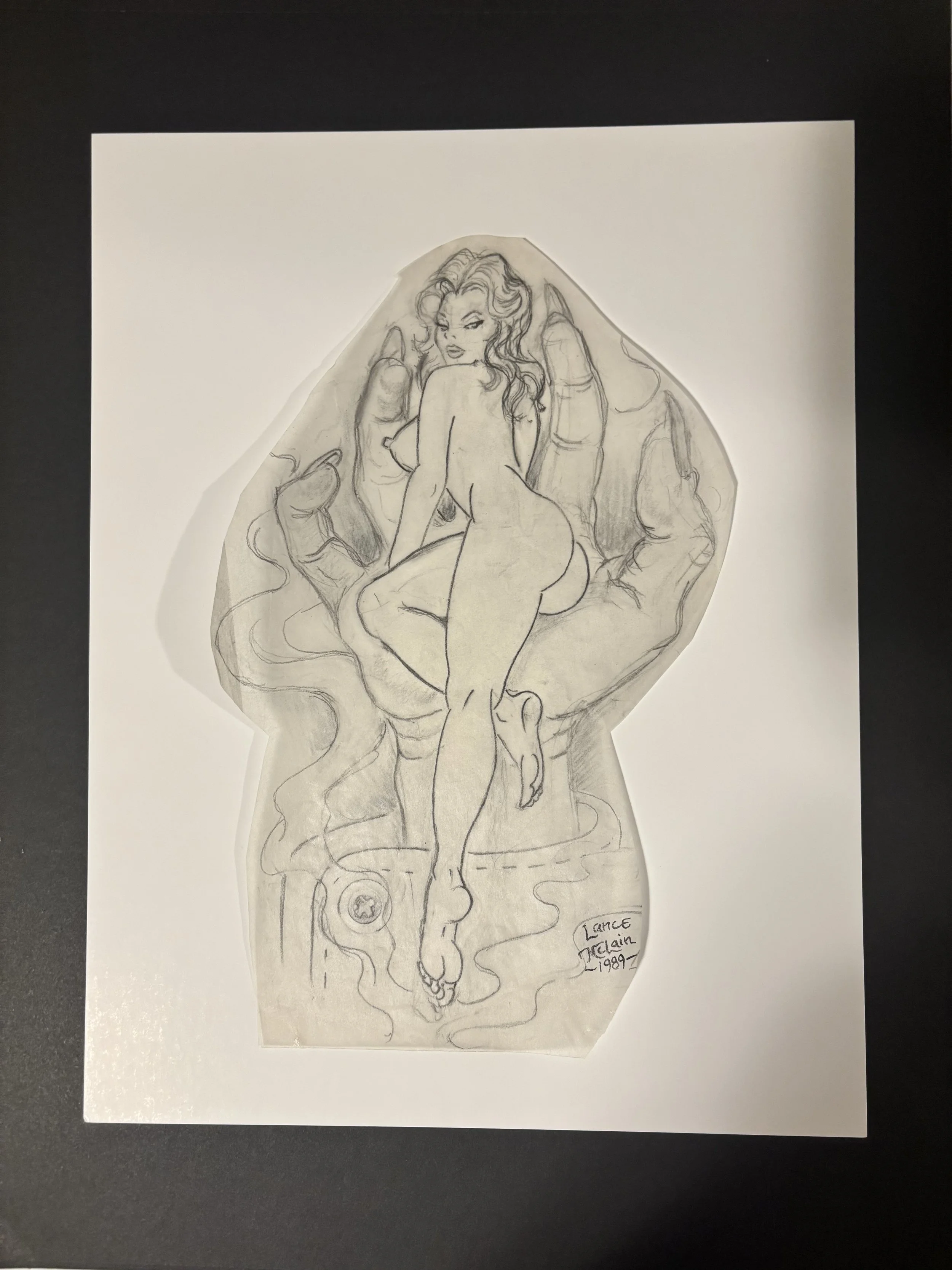 Lance McLain Original Tattoo Art Drawing, 1989- Pinup Lady Scary Hand