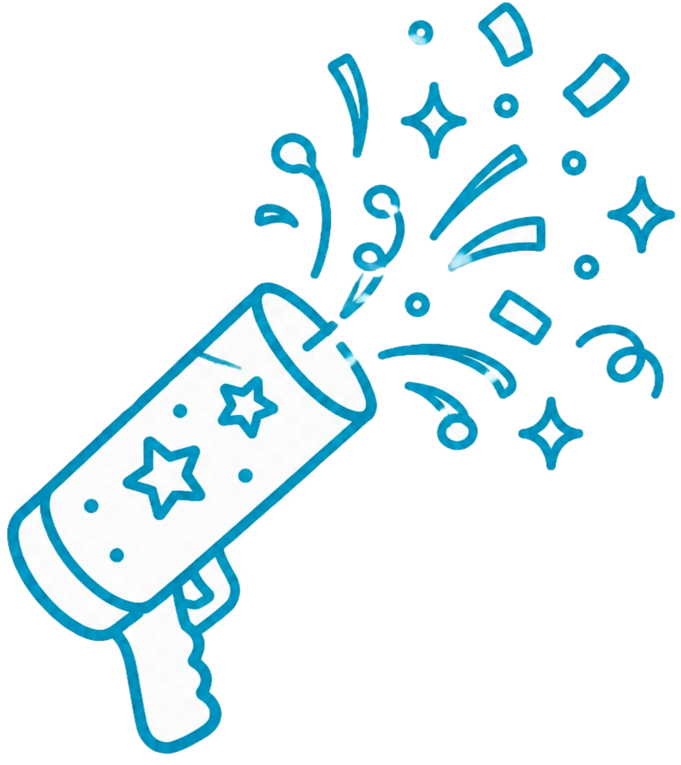 A festive illustration of a party popper releasing blue and white confetti with star and dot patterns.