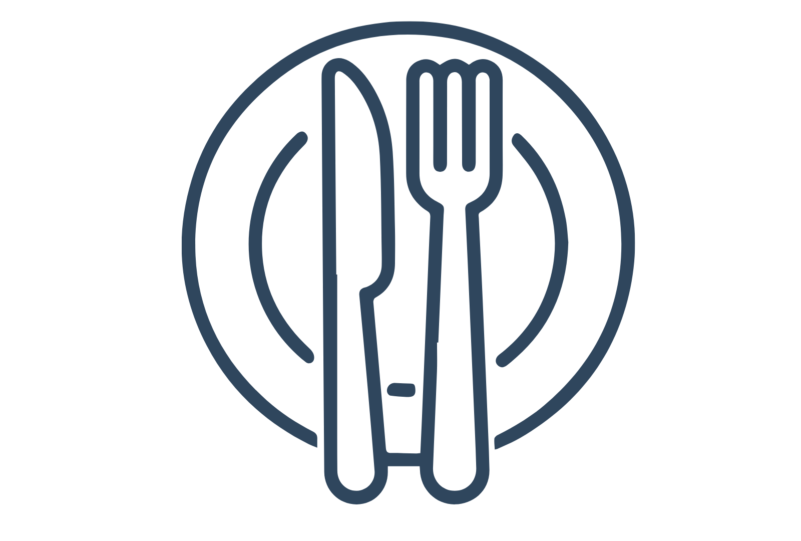 Line art of a plate with a fork, knife, and spoon arranged inside it.