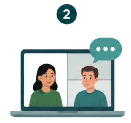 Illustration of two people on a video call on a laptop screen, with a speech bubble and a numbered icon above.