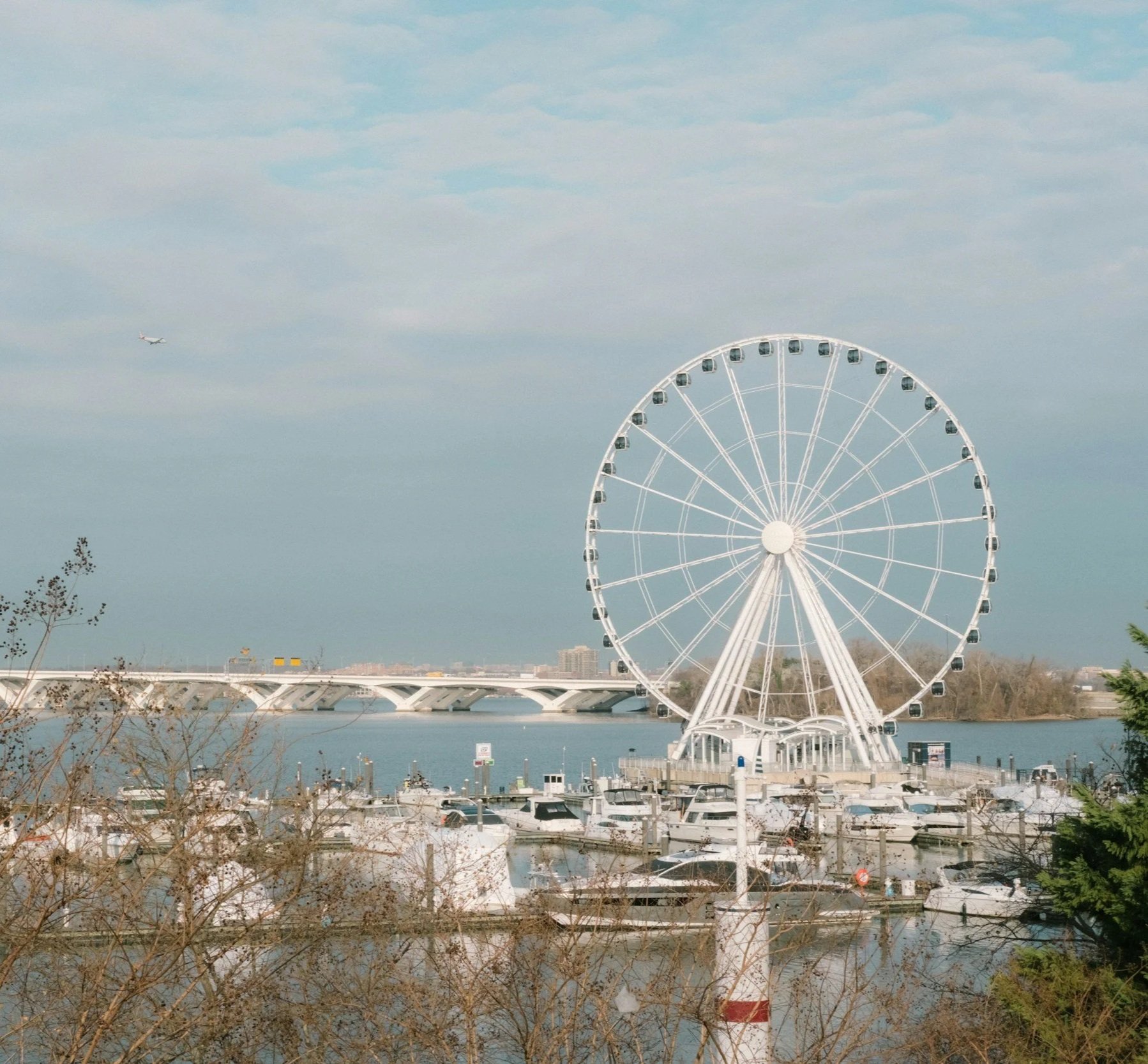 A large Ferris wheel near a marina with boats, water, and a bridge in the background under a partly cloudy sky, with some trees and buildings in the distance.