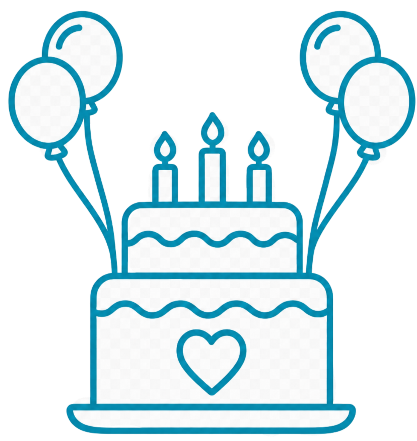 Line drawing of a birthday cake with three candles, decorated with wavy icing, topped with balloons on each side, featuring a heart design on the front of the cake.