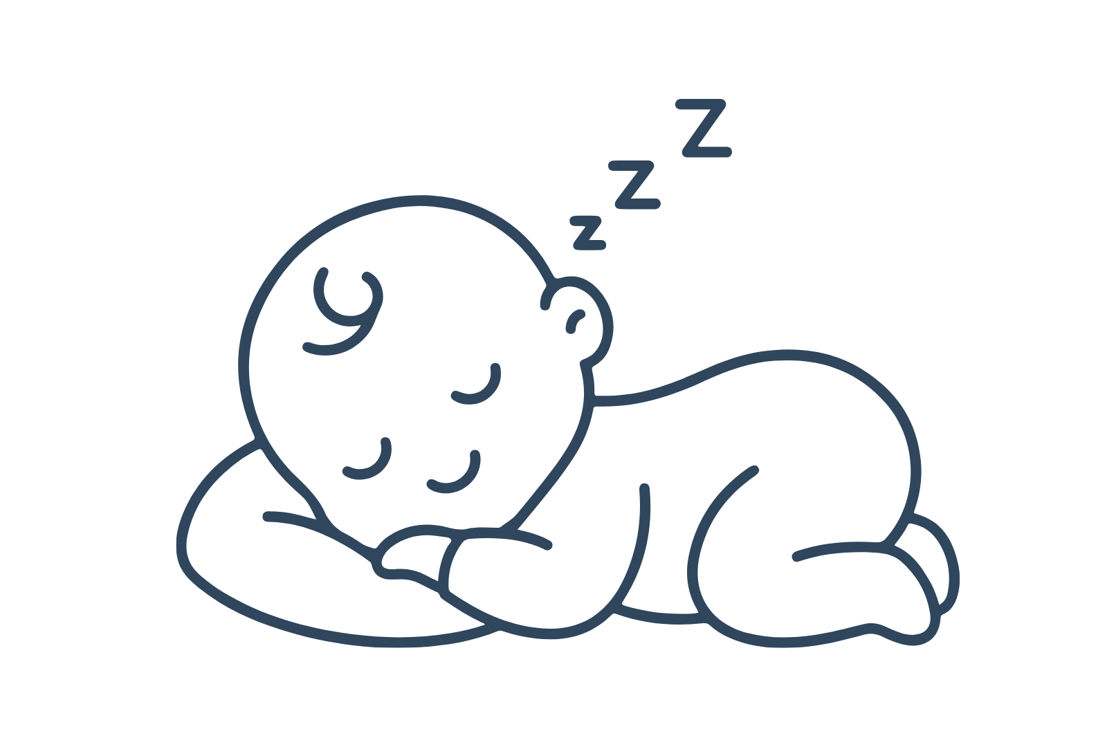 Line drawing of a baby sleeping on its side with its head resting on folded arms, sleeping peacefully with 'Z' symbols above its head.