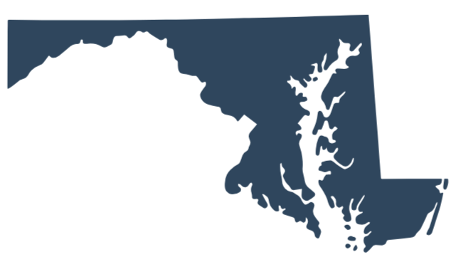 Elite Sitters & Care Co service area map of Maryland showing state outline and Chesapeake Bay – professional childcare and babysitting services for families in Baltimore, Annapolis, and surrounding DMV areas