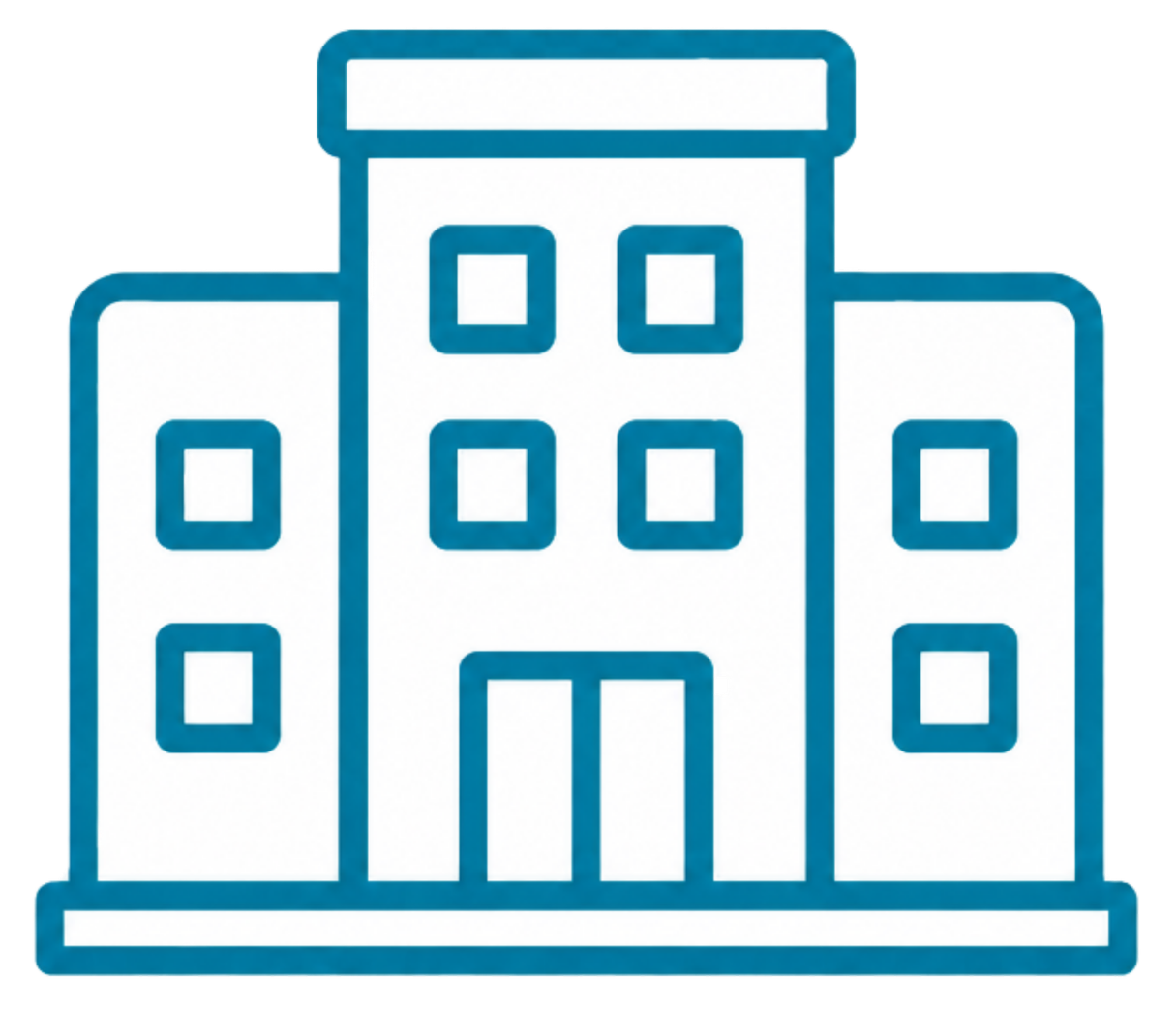Line drawing of a multi-story building with four windows on each side and a central entrance.