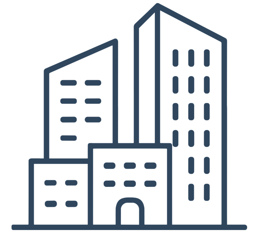 Line drawing of a cityscape with five tall buildings of varying heights.