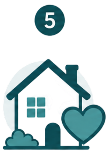 House icon with a heart and a cloud, with the number five above