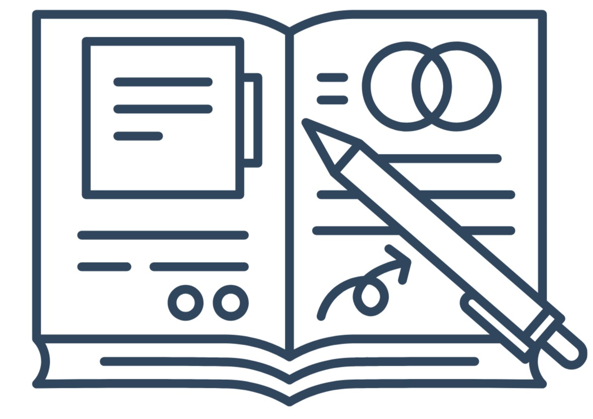 Line drawing of an open book with pages containing lines and circles, a pencil pointing to the right, and various symbols including seashells and arrow signs.