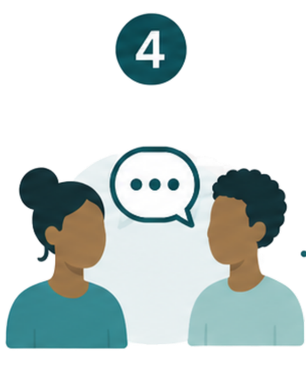 Two people engaging in a conversation with a speech bubble between them and a speech recognition icon above.