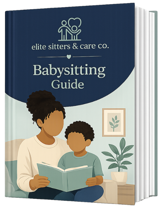 Cover of a babysitting guide by Elite Sitters & Care Co., featuring an illustration of a woman with curly hair reading a book to a child with curly hair in a living room with a plant and framed art on the wall.