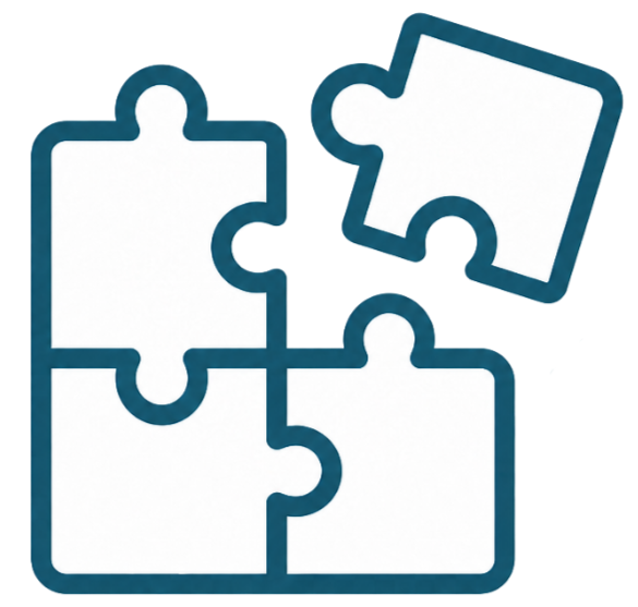 Four white puzzle pieces with blue outlines fit together, with an additional loose puzzle piece nearby.
