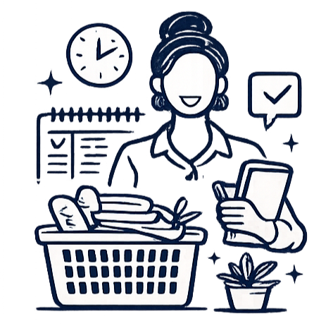 Illustration of a woman working with a basket of documents, holding a smartphone, with a clock, a checklist, and a calendar in the background.
