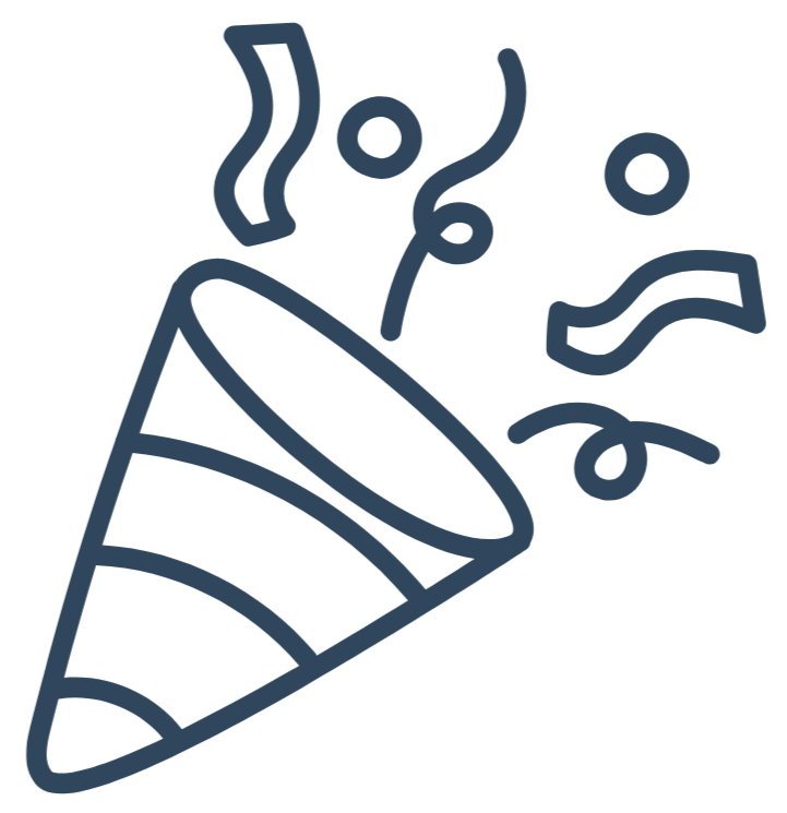 Line drawing of a party popper releasing confetti and streamers.