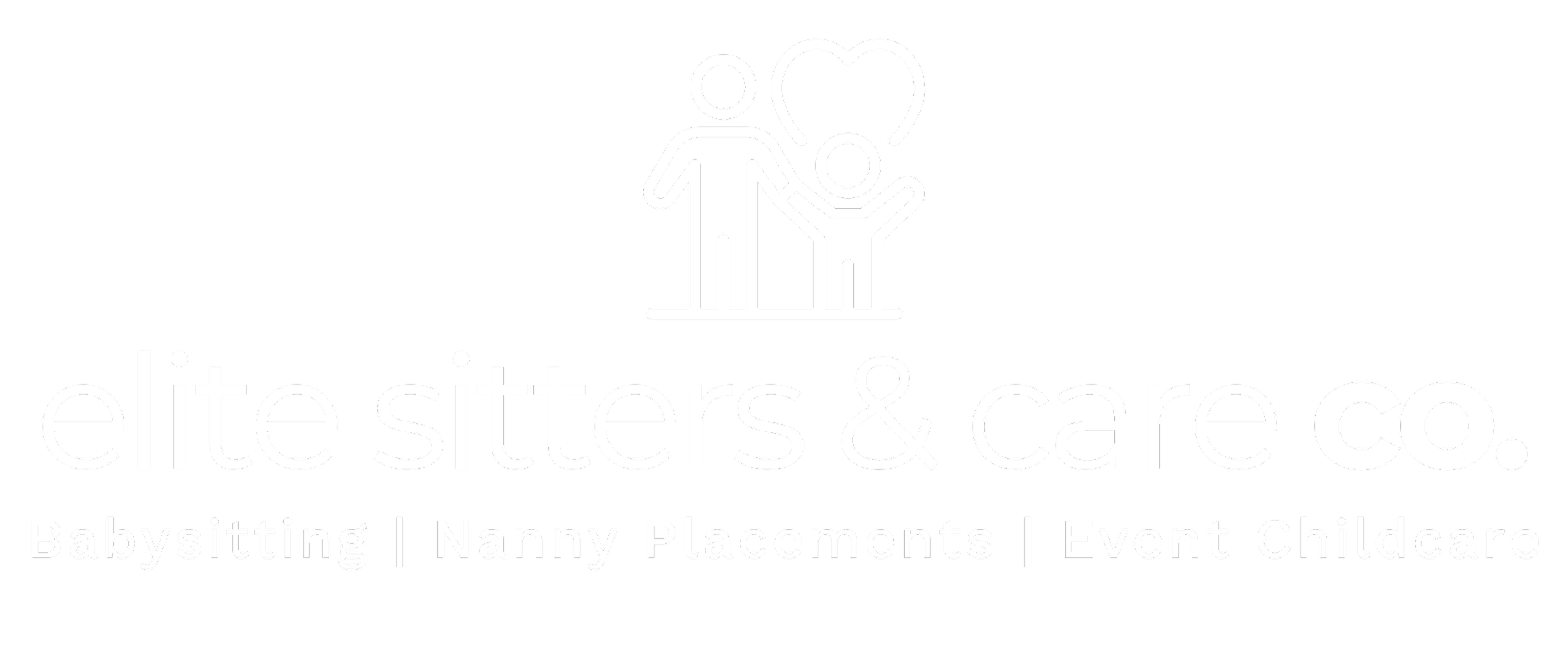 Logo for Elite Sitters & Care Co. featuring a line drawing of an adult holding hands with a child, with a heart above them. Text includes 'Babysitting | Nanny Placements | Event Childcare'.