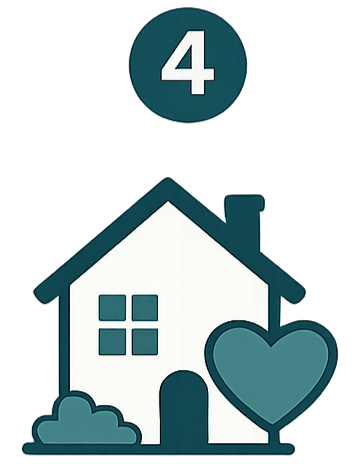 A house with a dark roof and a large heart in front, a checkmark, and the number 4 in a circle above.