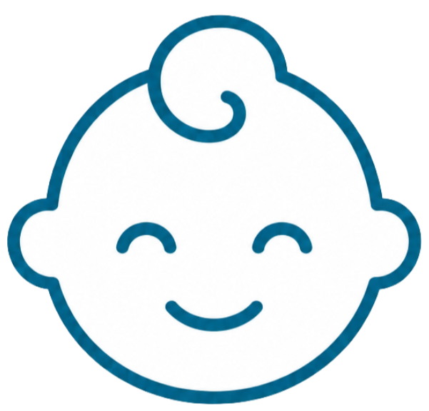 Cute cartoon of a smiling baby's face with curly hair, outlined in blue.