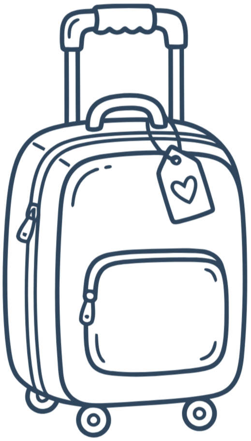 Illustration of a rolling suitcase with a handle and a luggage tag featuring a heart symbol.