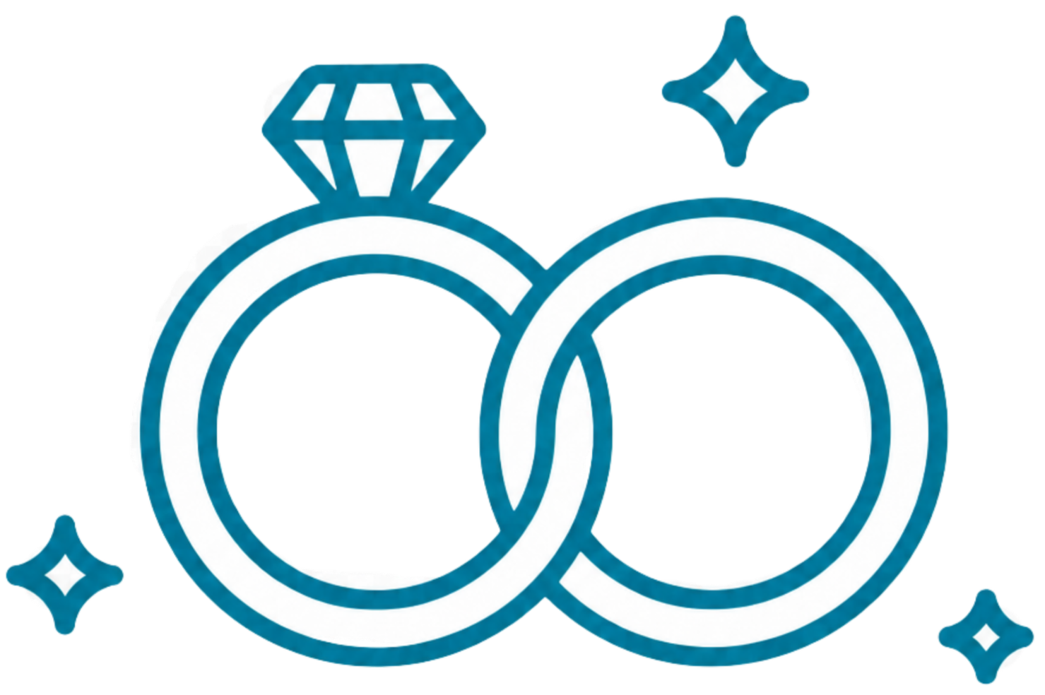 Illustration of two overlapping wedding rings, each with a diamond on top. The left ring has a blue inner circle, and the right ring has a gray inner circle. Sparkles around the rings.