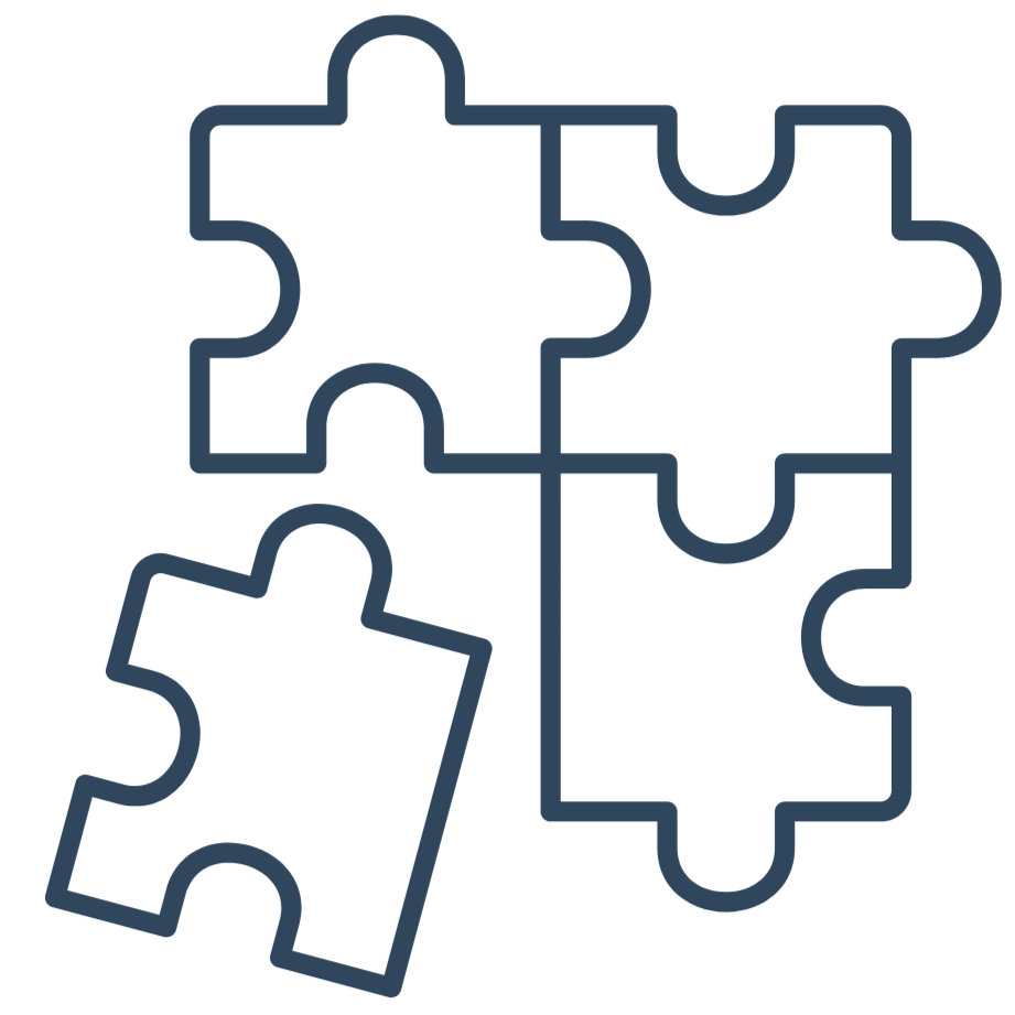 Outline of five puzzle pieces, one detached from the others.