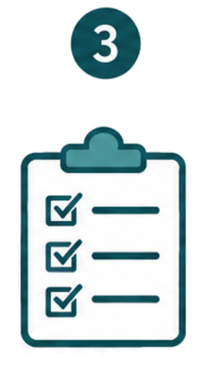 Number 3 circle above a clipboard with a checklist containing three checked items.