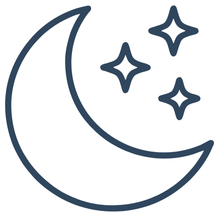 Outline of a crescent moon with three stars in the night sky.