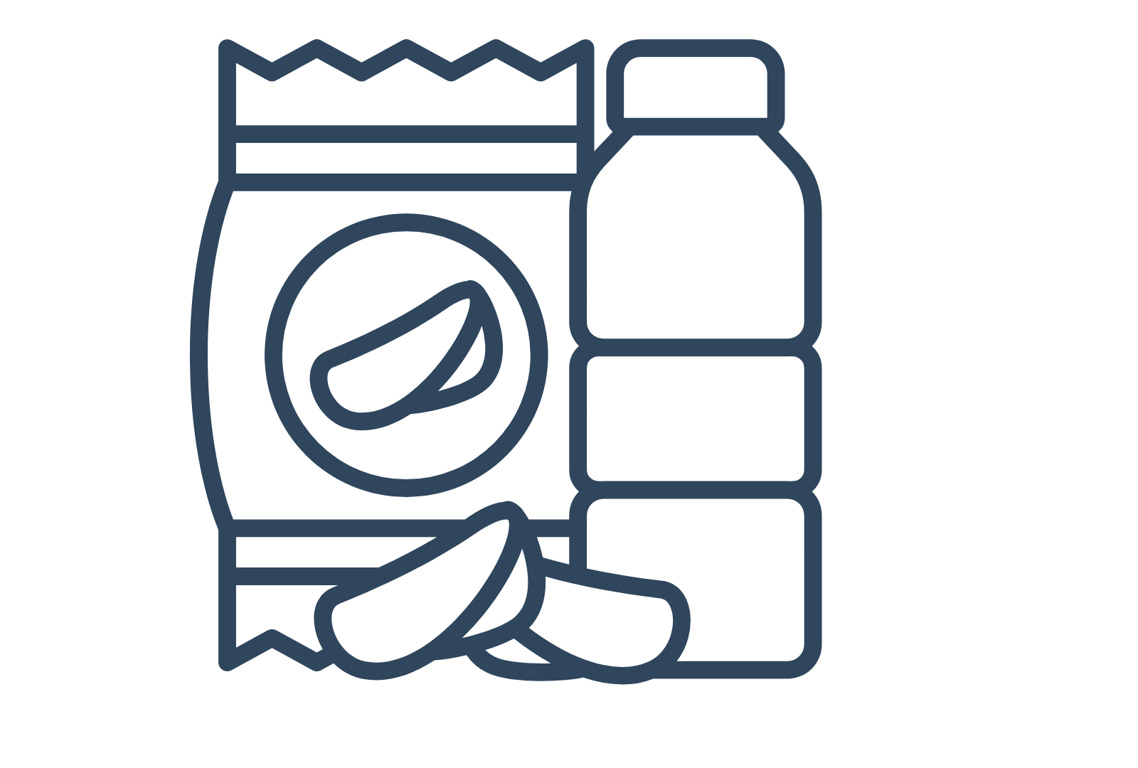 Outline of a laundry detergent bottle, laundry pod, and fabric softener bottle
