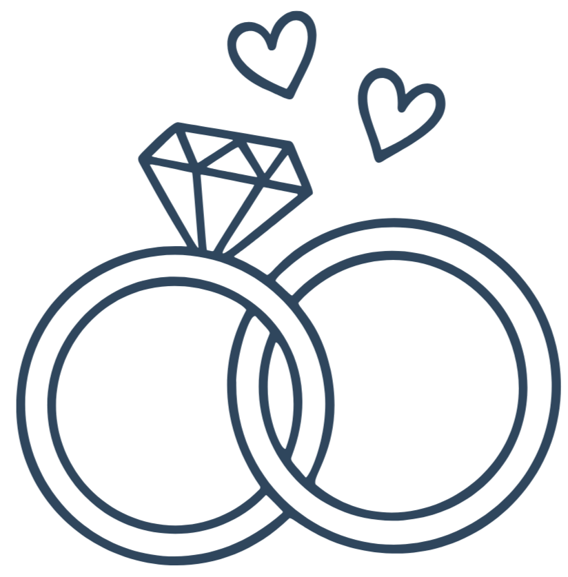 Illustration of two wedding rings, with one ring featuring a diamond, and two hearts above them.