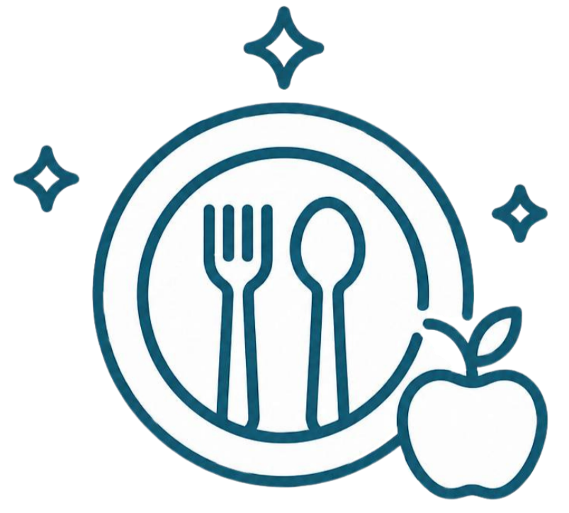Icon of a plate with a fork and spoon, accompanied by an apple with leaves.