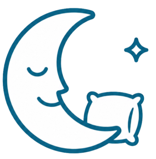 A cartoon moon with a sleeping face, a star, and a pillow.