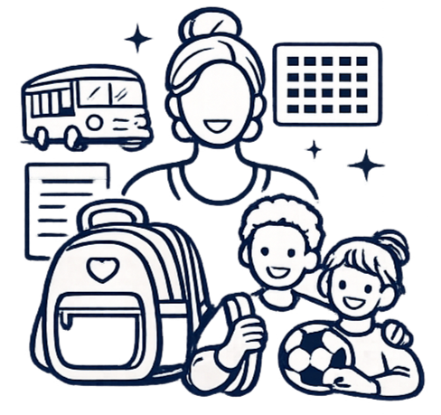 Illustration of a woman with two children, one holding a soccer ball, school bus, and a calendar in the background, all in a cartoon style.