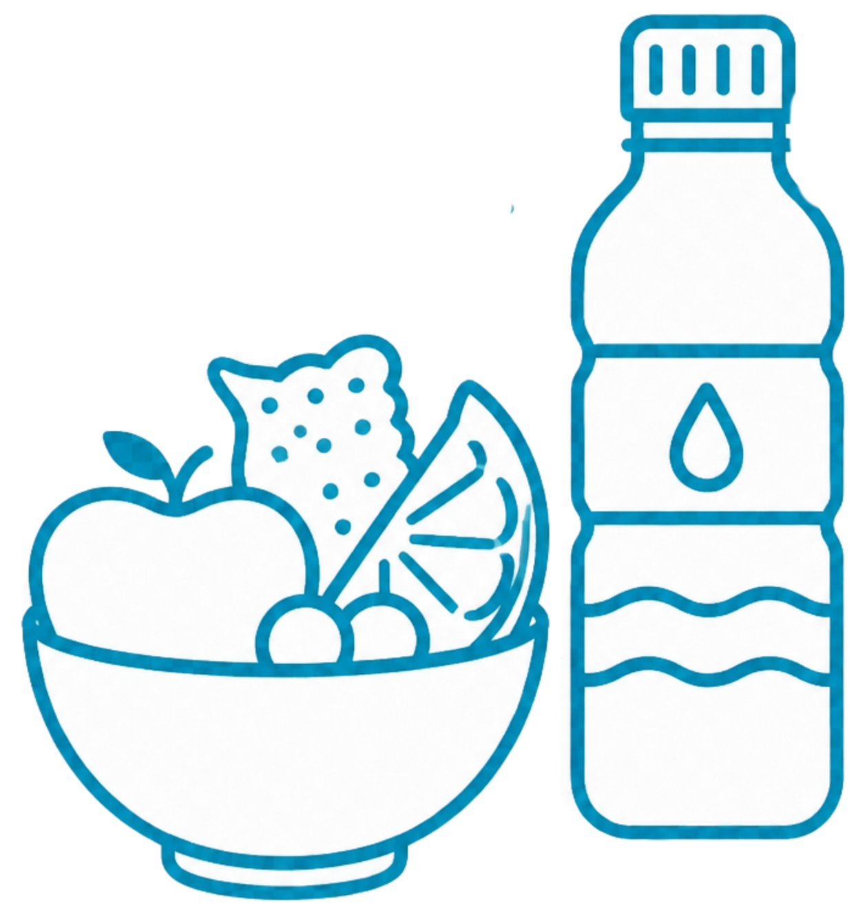 Outline of a bowl of fruit, including an apple, a strawberry, and cherries, next to a bottle of water with a droplet symbol.