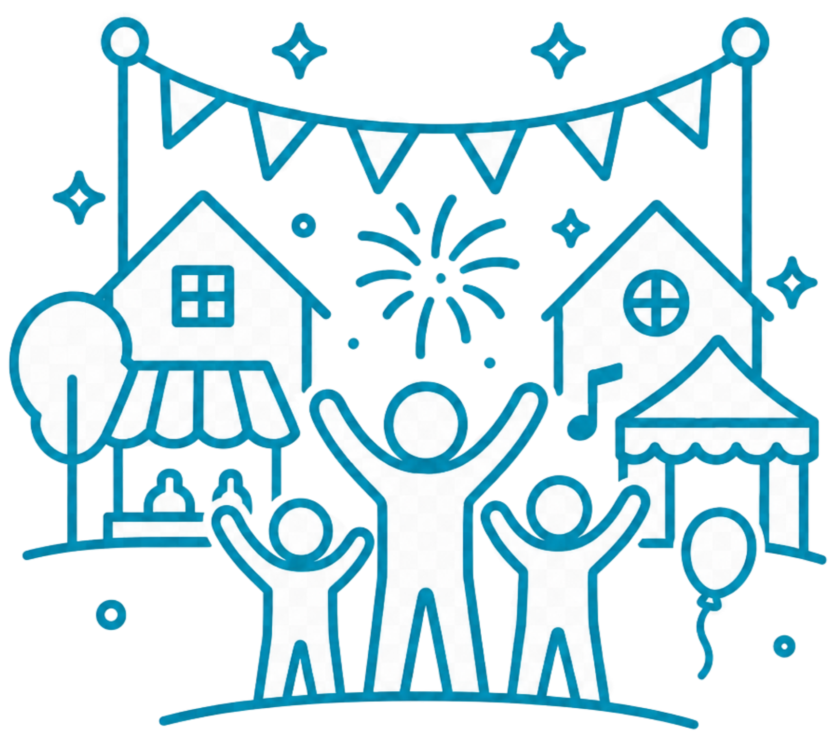 Illustration of a person celebrating an outdoor event with festive decorations, houses, fireworks, and supportive hands.