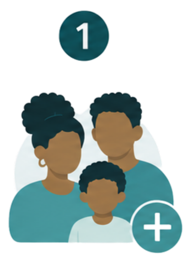 Illustration of a family with two adults and one child, all with dark curly hair, against a white background.