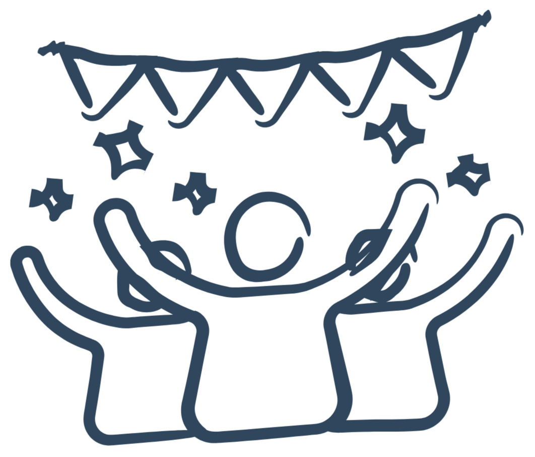 Simple line drawing of a person celebrating with their arms raised, surrounded by stars and confetti, and a banner overhead.