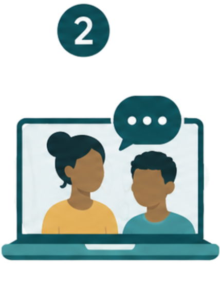 Illustration of a woman and a man having a conversation via a laptop with a chat bubble, with a notification icon showing the number 2.