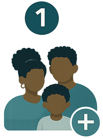 Illustration of a family with an adult man, adult woman, and a child, linked by colorful lines with a plus sign and a number one icon at the top