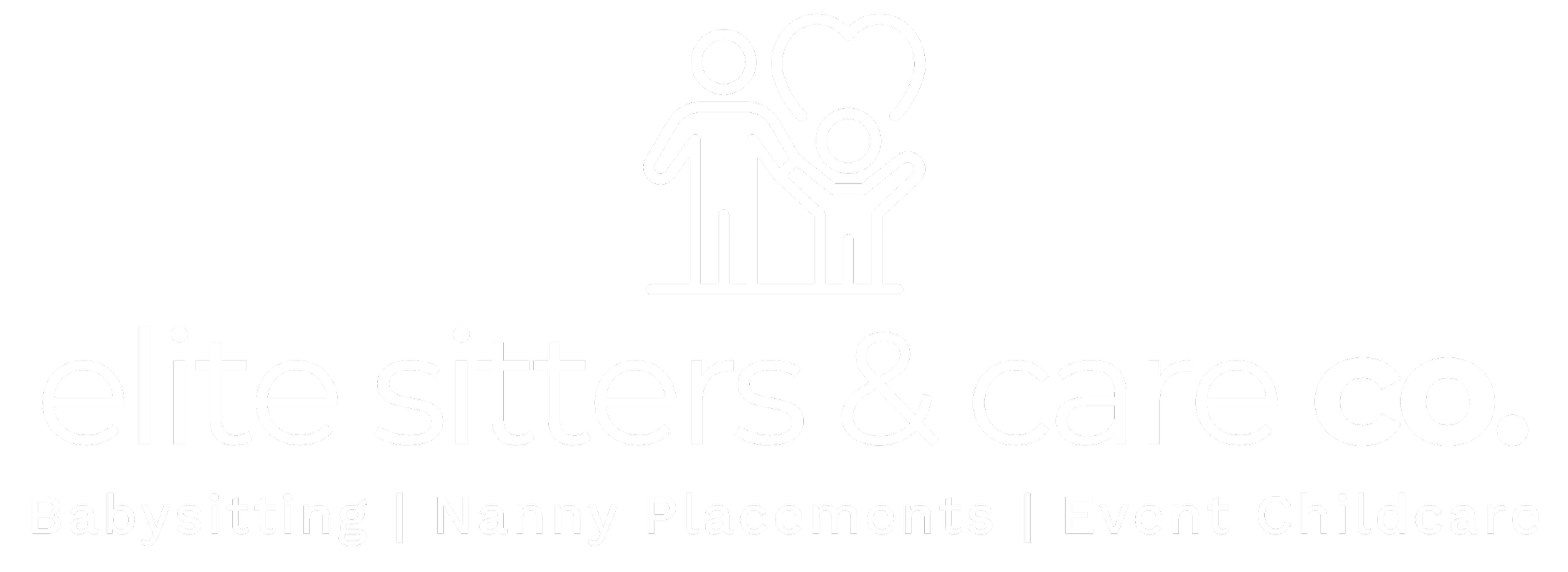 Logo of Elite Sitters & Care Co. with line art of two adult figures and a child's figure holding hands. Text reads 'elite sitters & care co.' with services listed below: Babysitting, Nanny Placements, Event Childcare.