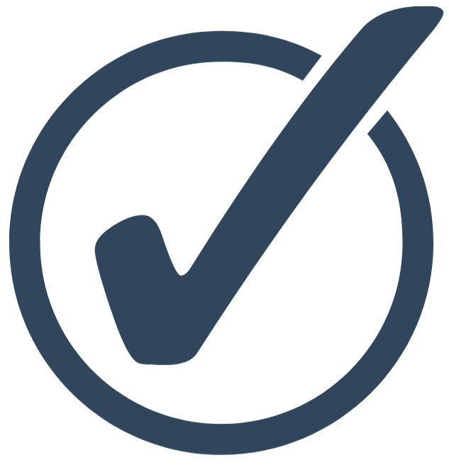 A dark blue checkmark inside a circle, indicating approval or completion.