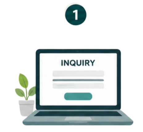 A laptop displaying an inquiry form on the screen, with a green plant in a pot beside it and a numbered label 1 above.