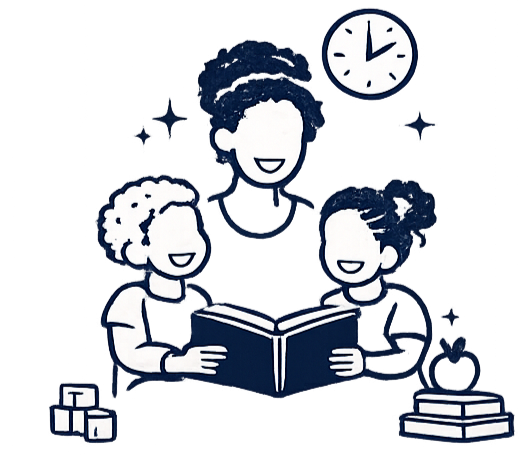Illustration of a woman reading a book to two children, one girl and one boy, in a classroom or library setting with a clock on the wall, books, and apple on a stack of books.