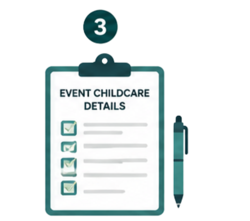 Checklist titled 'Event Childcare Details' on clipboard with a pen attached, numbered 3, and various items listed with checkmarks.