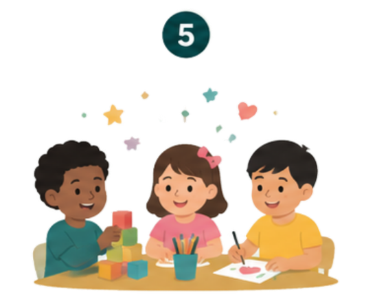 Three children sitting at a table, playing with building blocks and drawing, with colorful stars and a number 5 above them.